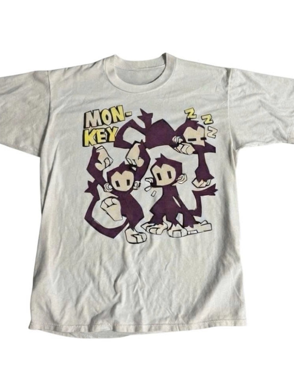 White Graphic Tee with Purple Cartoon Monkeys